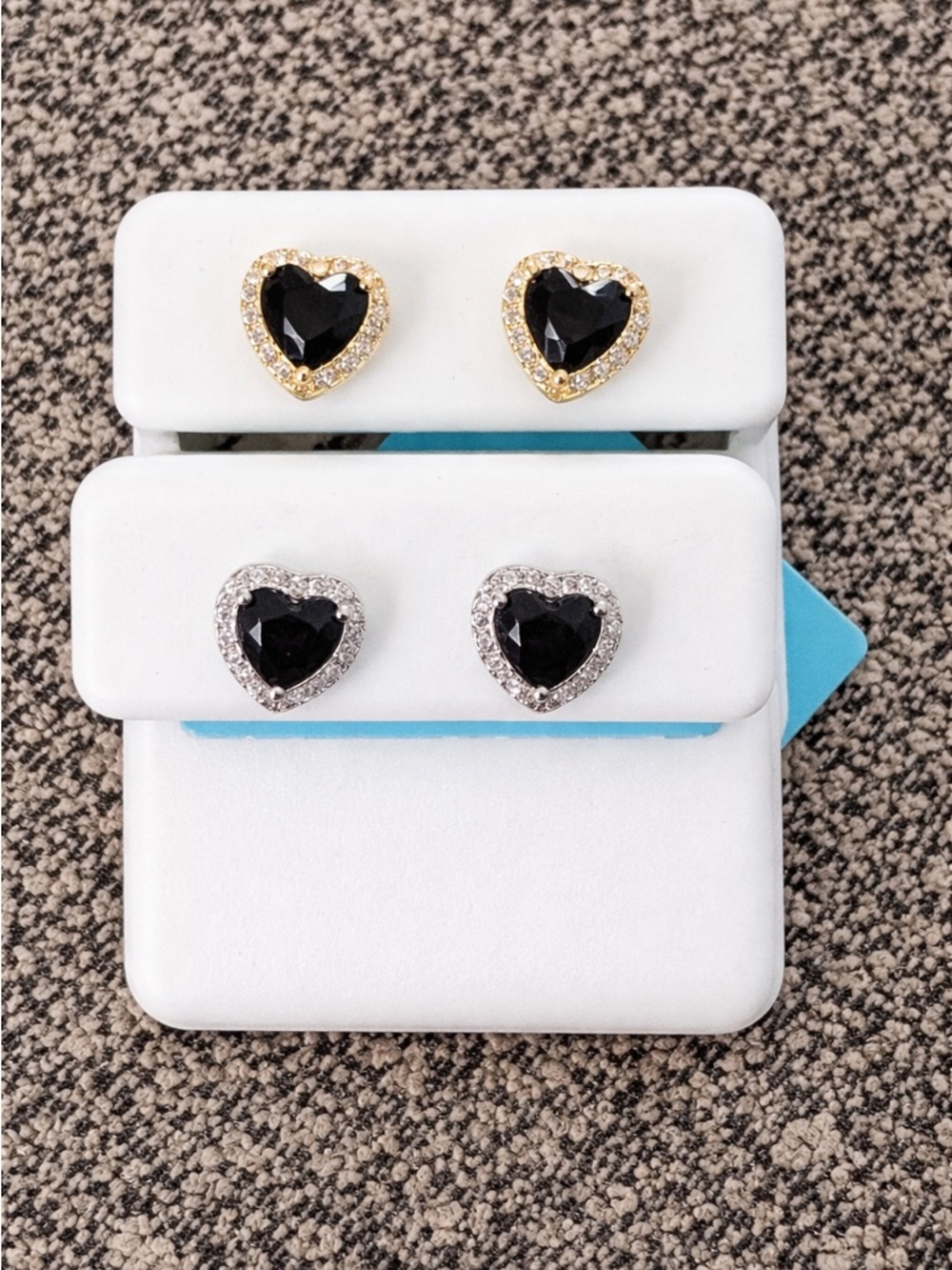 Black Onyx Heart Stud Earrings | Gold or Silver | CZ Halo | 6mm - Picture 3 of 7
